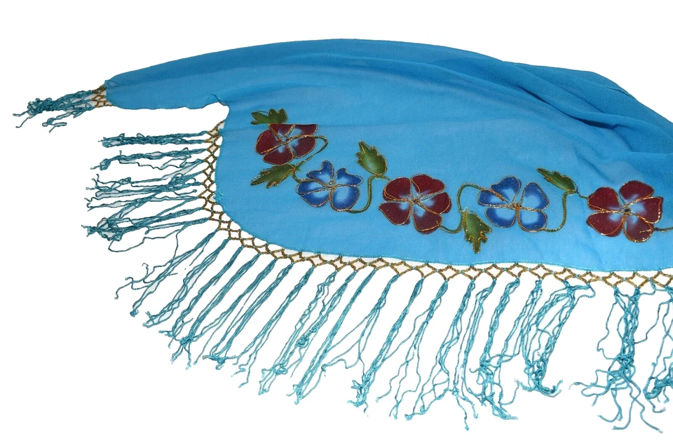 Mantón envolvente vintage de gasa con flecos de hilo dorado floral pintado turquesa transparente Foto 3 de 4