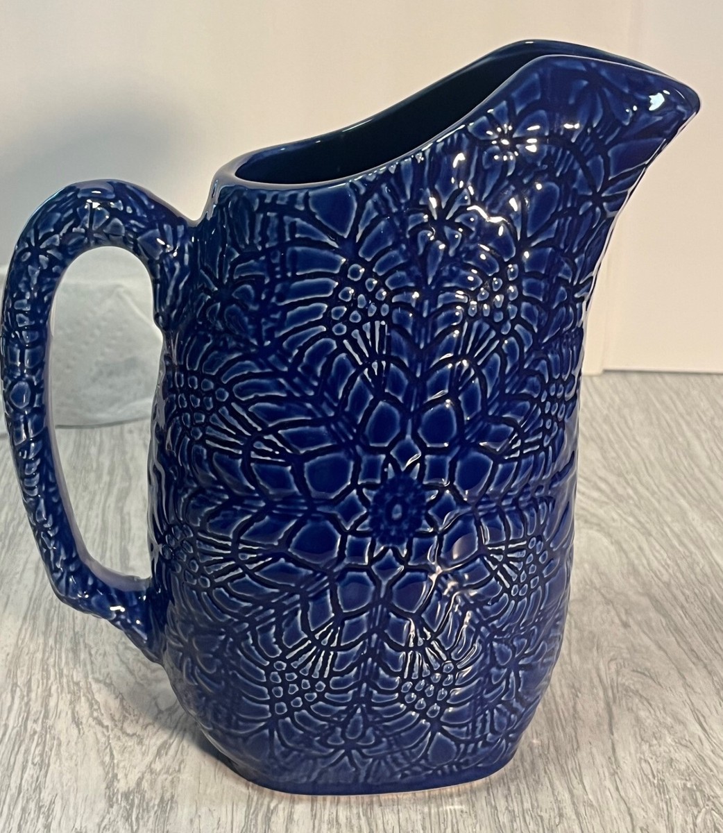 Vintage Beaver Farm Pottery Floral Cobalt Blue Water Pitcher Ice