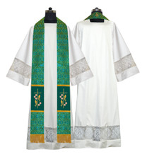 Green Pastor Stole with Cross and Fish Motif   Liturgical Church Vestment