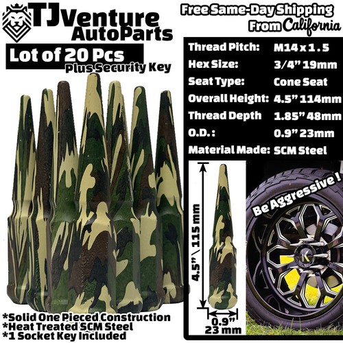 20Pc Camo 4.5" Tall 14x1.5 Spike Lug Nut+Key Fit Dodge Durango Ram1500 & More - Picture 2 of 3