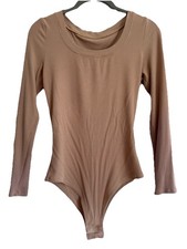Bodysuit Women  s Long Sleeve Ribbed Stretch  Med  Tan