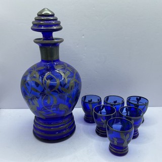 Vintage Cobalt Blue Decanter and Shot Glasses Set AP#563