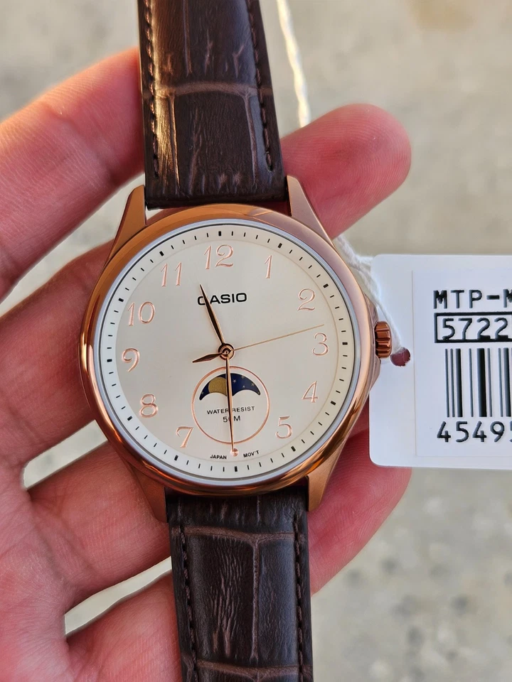 Casio MTP-M110RL-5AVDF Reloj Hombre Fase Lunar Oro Rosa Marrón Correa Cuero Nuevo Foto 2 de 4