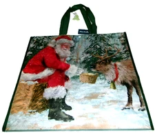 CHRISTMAS~Reusable Tote Bag~20"X 8"X8"~SANTA FEEDING HIS REINDEER~ Snap Closing
