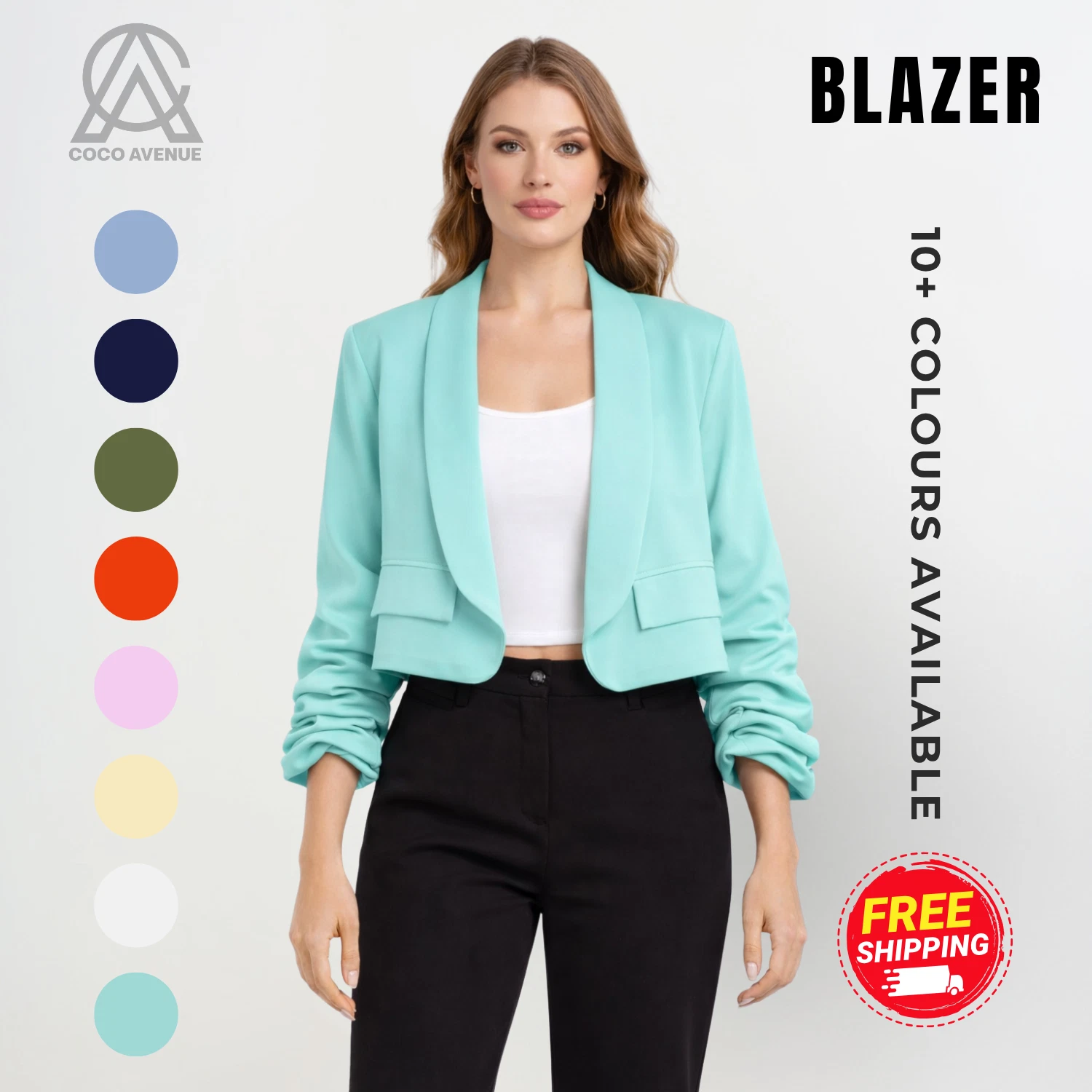 Womens Ruched Sleeve Blazer Open Front Plain Work Office Casual Cropped Jacket