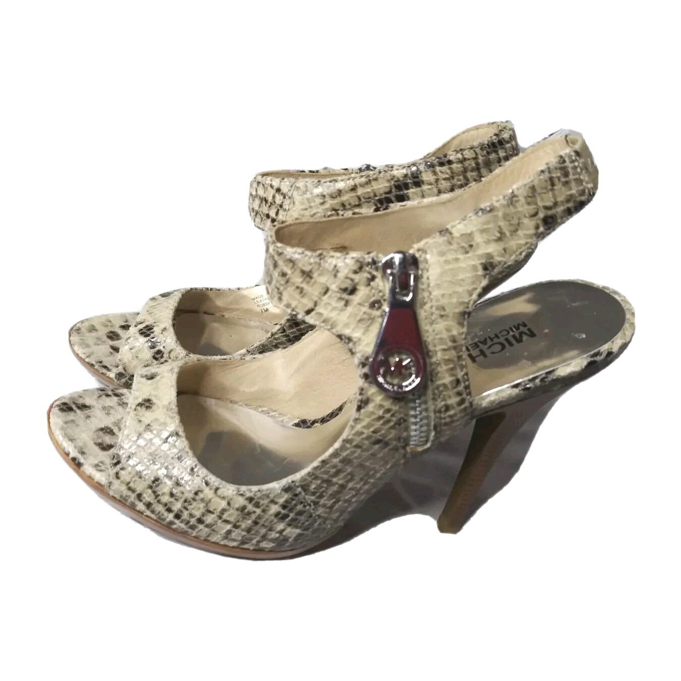 Michael Kors  Heels Womens Shoes Size 7M Peeptoe Python Print Beige & Black thumbnail 2