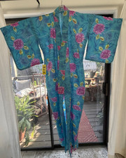 Japanese Traditional Summer Kimono Yukata Turquoise w/ Flowers NWT Boro Boro