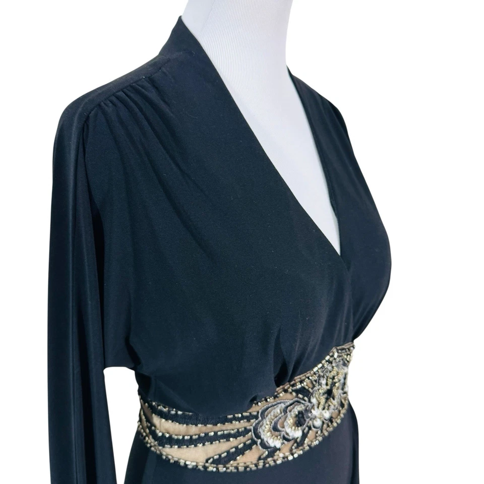Vintage Sue Wong Maxi Dress Black 6 Jersey Y2K Fairy Goth Grunge Beaded Long Slv - Image 2 of 4