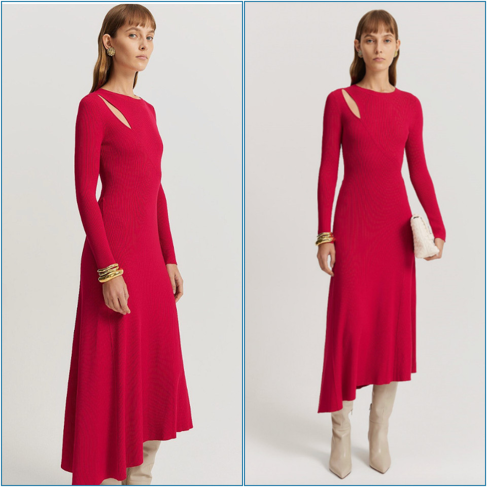 Country Road Chilli  Red Asym Knit Dress Size Small Stretch Long Sleeve Maxi