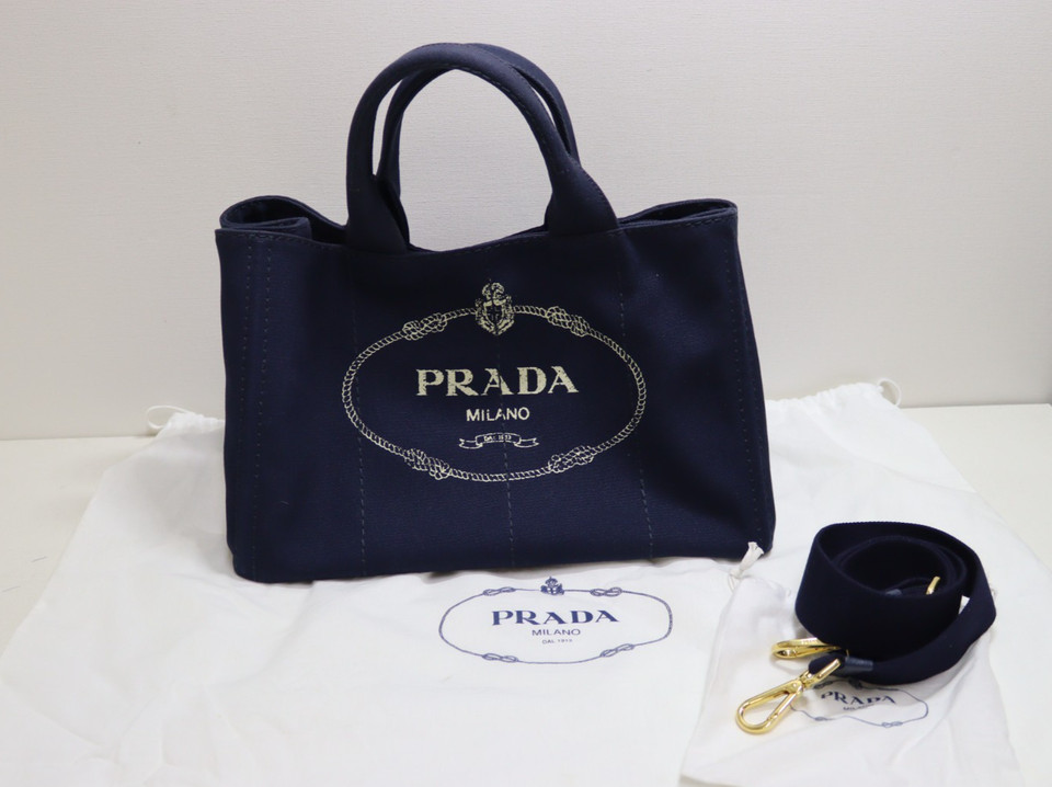 PRADA Canapa M Canvas 2Way Tote Shoulder Bag Navy w/ Strap Dust Bag□