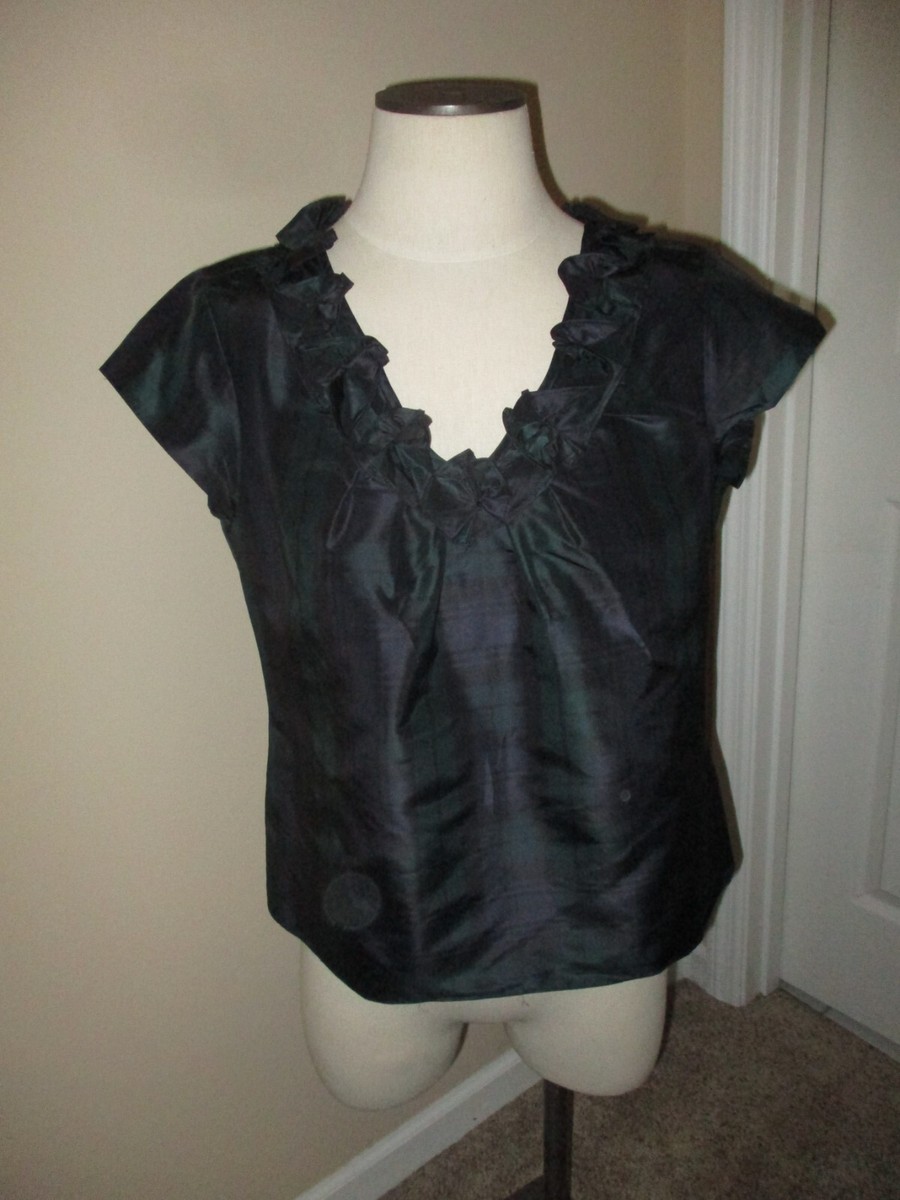 Ladies Talbots Blue Green Tartan Plaid 100% Silk Ruffle Neckline