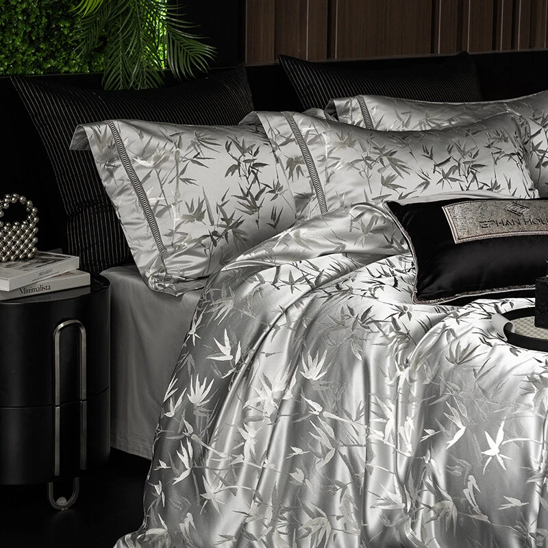 Yarn-dyed Jacquard Bedding Set 4pcs Quilt Cover Flat Sheet 2 Pillowcases Bamboo - Image 3 of 4