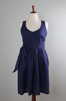 #ad GREAT PLAINS London NWT $98 Navy Bow Belted 100% Linen Dress Size Large $24.99