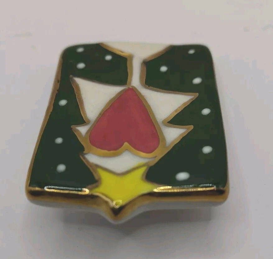 Broche prendedor árbol de Navidad esmaltado vintage - tono dorado verde rojo blanco  Foto 3 de 4