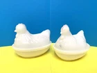 Vintage Pair Hazel Atlas White Milk Glass Hen On Nest 3.5" H x 4 1/2"