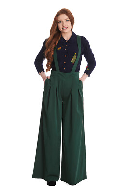 Banned Retro Palazzo Hose Diamond Grün Vintage Trouser abnehmbare Hosenträger