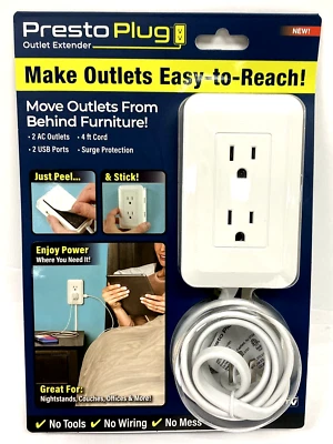 ONTEL Presto Plug Wall Outlet Extender 4 ft Cord Peel & Stick As Seen On TV 2 AC 2 USB