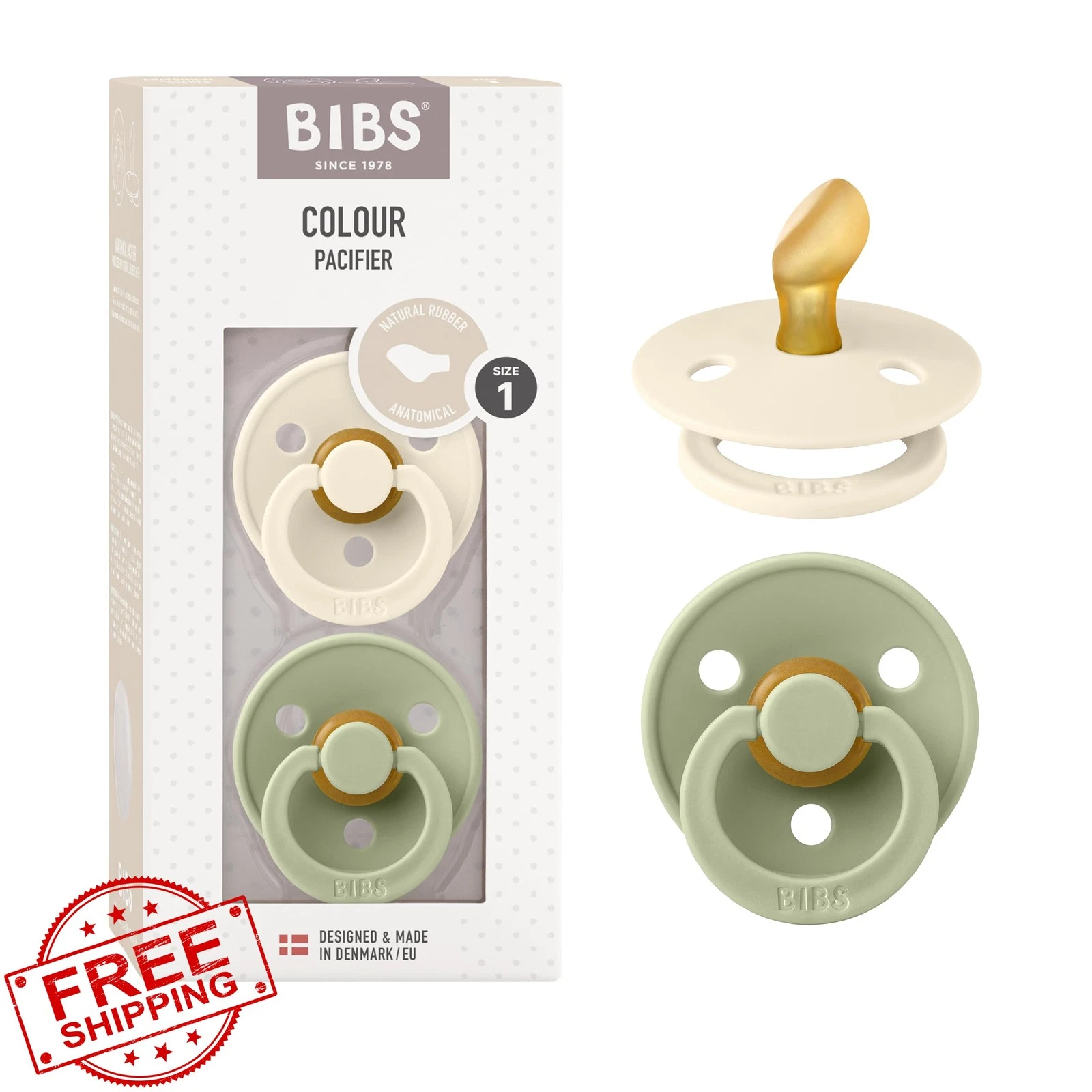 BIBS Pacifiers 2pk, Anatomical Nipple, Ivory/Sage, 0-6 Months