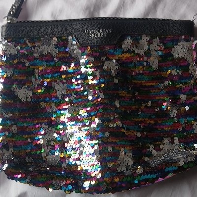 Victoria's Secret Multicolor Sequin Faux Leather Makeup Bag with Zipper