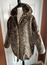 Vintage Faux Fur Animal Print Oversized Hooded Warm Winter 80s Coat Sz Medium