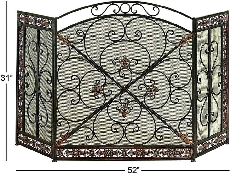 Tela de fogo tradicional de metal 3 painéis com design de filigrana, bronze, preta - Imagem 4 de 4