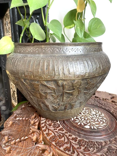 Antique Brass Cairoware Jardiniere Pot Planter Egyptian Islamic Middle Eastern