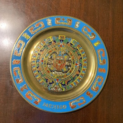 Vintage AZTEC MAYAN MEXICO Brass Art Enamel Wall Plaque 11inches