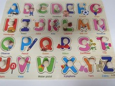 Childs Wooden 28 Piece Alphabet Puzzle With Pegs 3-5 Years Ships Free
