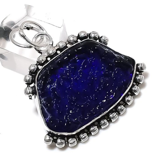 Blue Moldavite Gemstone Handmade 925 Sterling Silver Jewelry Pendant 1.77" f815