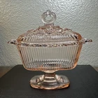 Indiana Depression Glass Laced Edge Pink Ribbon 7 1/8” Footed Dish and Lid