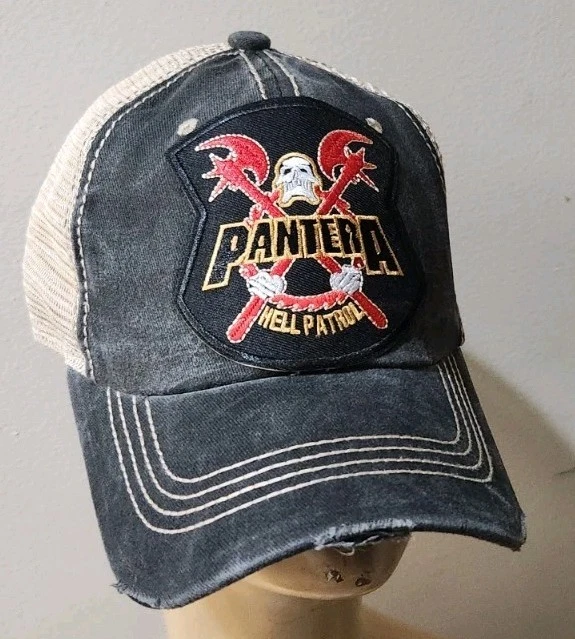 Pantera Trucker Hat Distressed Cap Black & Khaki Mesh PANTERA HAT HELL PATROL