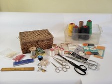 Vintage Sewing Basket and Sewing Supplies: Thread, Ruler, Scissors, Etc  - Lot