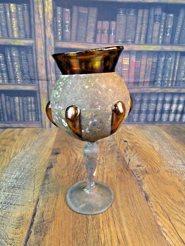 NOUVEAU COPPER & AMBER GLASS GOBLET CHALICE FANTONI Italian Style 8" Tall RARE - 第 1/12 張圖片
