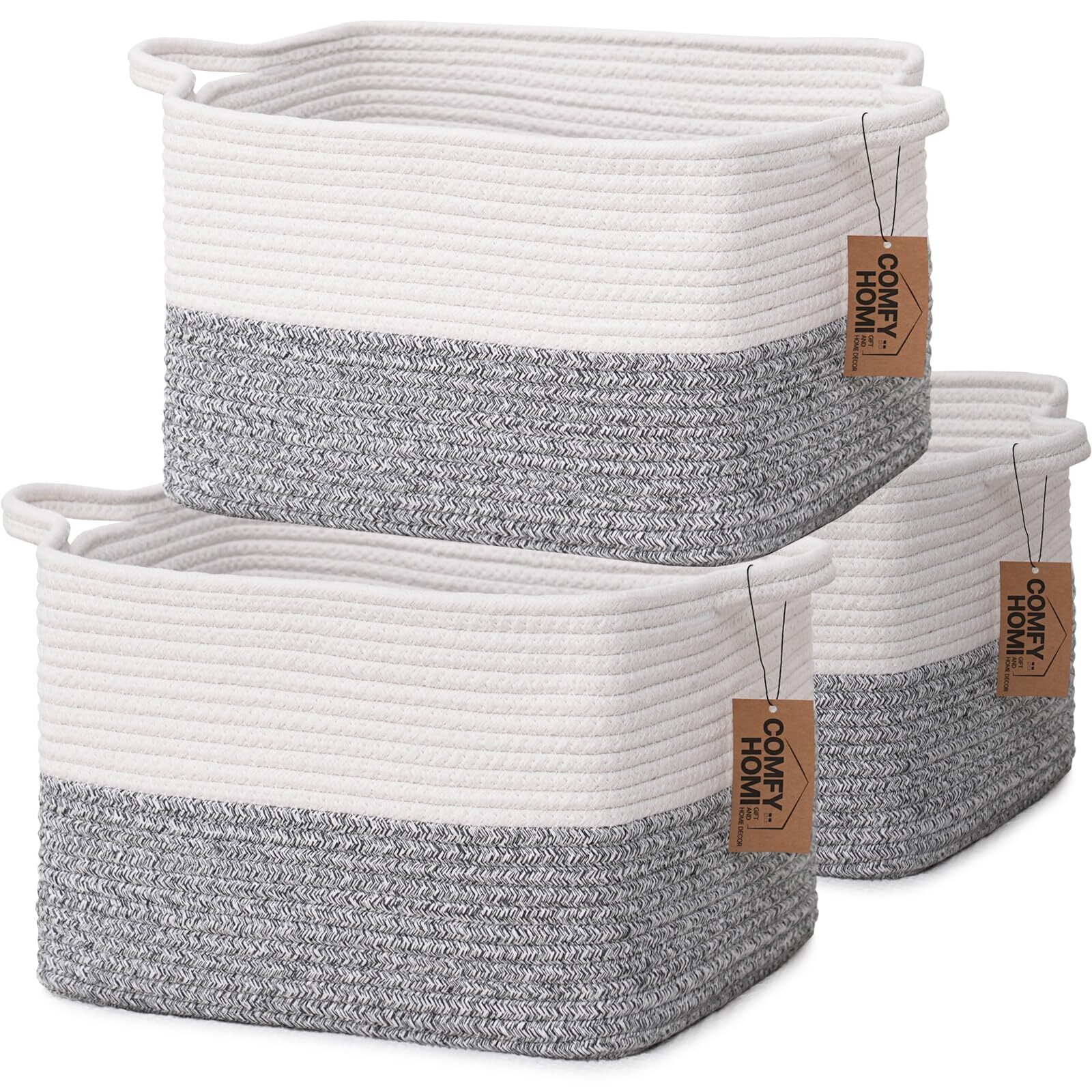 3-Pack Cotton Rope Woven Basket with Handles for Shelves, Book, Cloth Basket|...
