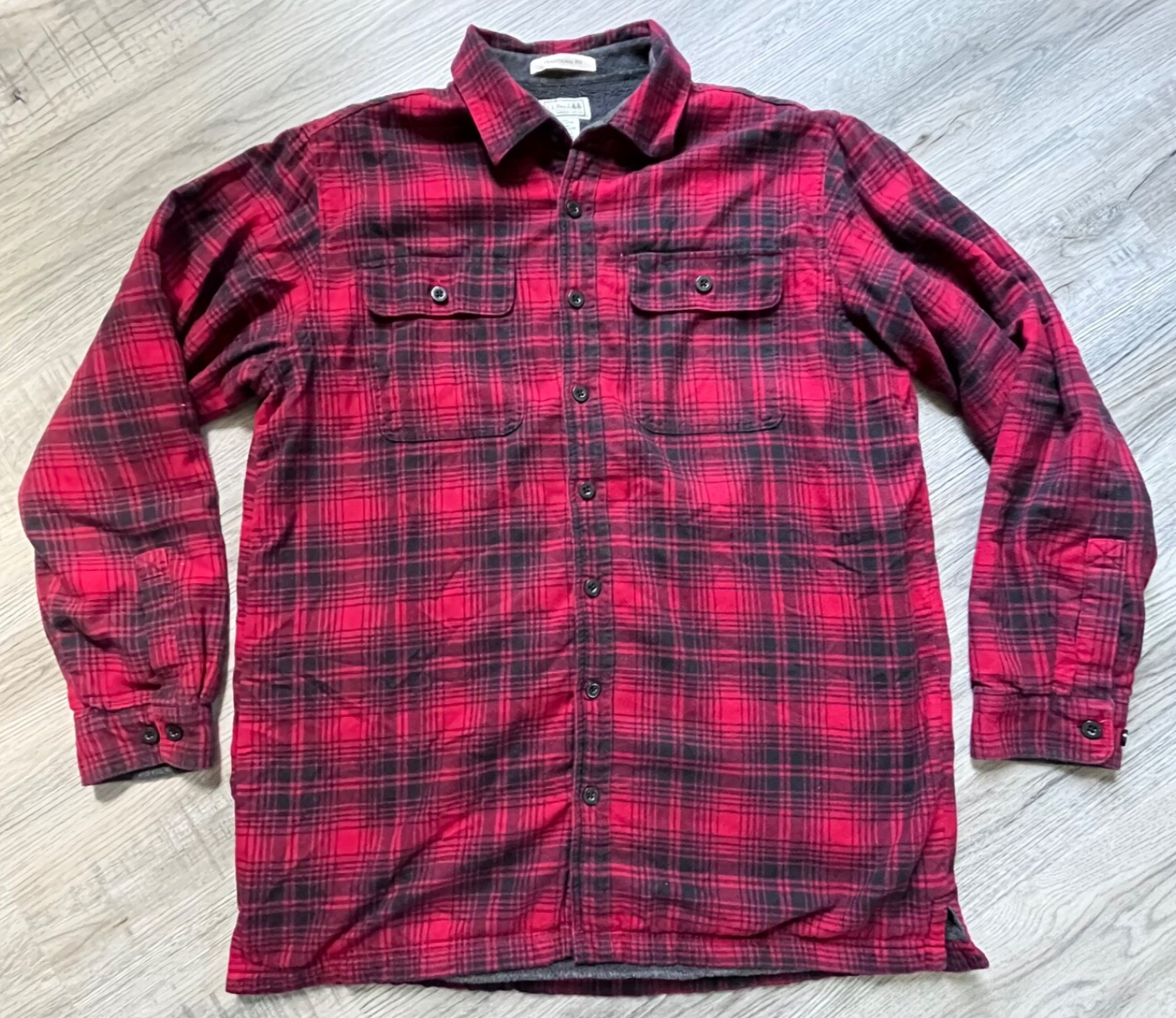 Men's LL Bean Fleece-Lined Flannel Plaid Shacket L Tall Red Black 252749