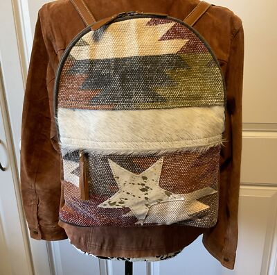 Myra Cowhide Leather Backpack Western Canvas Rug Boho Tribal School Travel Bag Myra Bag Hair On Cowhide Leather Western Southwest Boho Star  main image 4