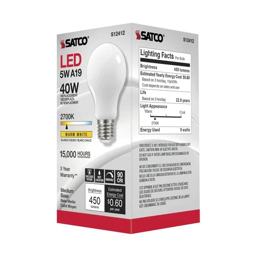 Satco S12412 - 5 Watt LED A19 Soft White LED Bulbs - 2700K - 120 Volt (6 pack) - Picture 5 of 6