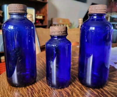 Lot Of 3 Antique Bromo Seltzer Cobalt Blue Glass Bottle Two 7'' & One 5''  Nice