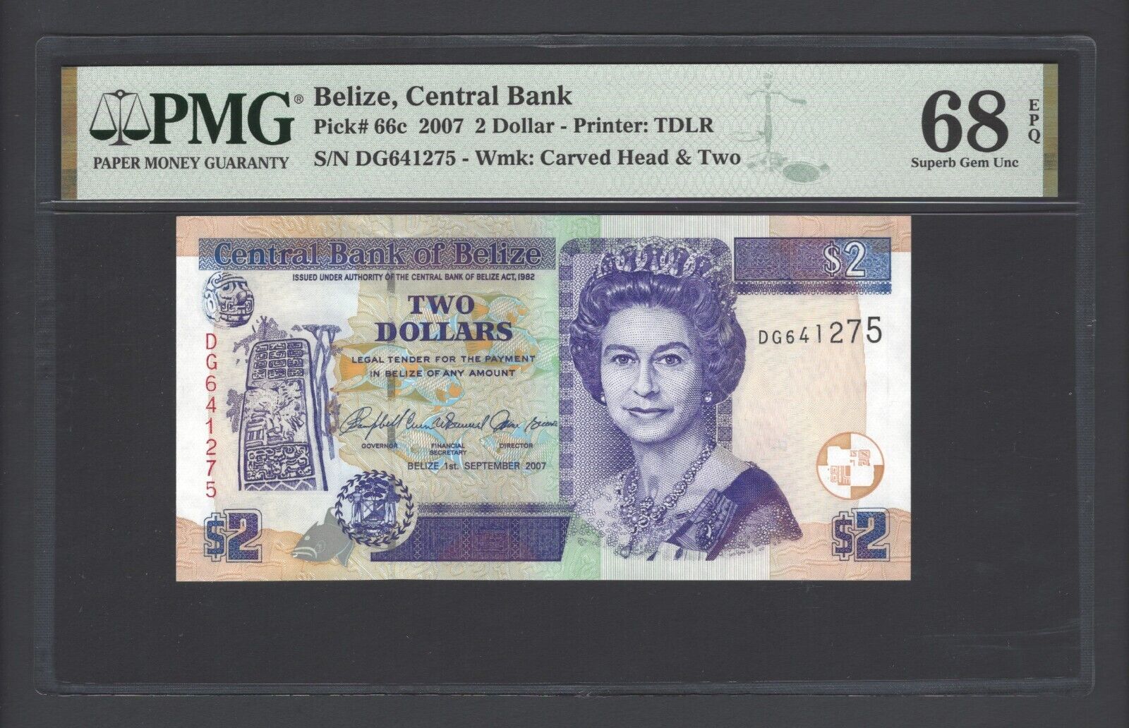 Belize 2 Dollars 2007 P66c Uncirculated Grade 68 Top Pop