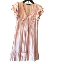 Doe & Rae Pink Ruffle Sleeve Dress V-Neck Crochet Trim Summer Dress Small