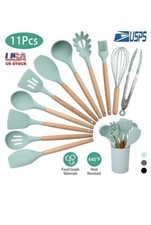 12-Pcs Kitchen Silicone Utensils Set with Heat Resist Wooden Handle water green