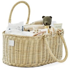 Premium Baby Diaper Caddy Organizer - Handmade Rattan Basket With Cotton Divi...