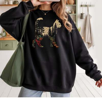 Colors Boho Cat Plants Hoodi, Nature Trees Wild Flowers Hoodie, Cat Lovers