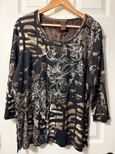 Multples Floral & Animal Print Blouse Y2K 2000s Size XL 100% Cotton