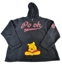 Vintage DISNEY POOH Bear Hoodie Womens L Gray Fleece 1/4 Zip Long Sleeve Sweater