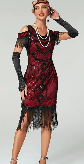 FLAPPER 1920s DRESS-Vintage Style 1920s Flappe Dress - Sequined Tassel, LGE - Image 4 of 4