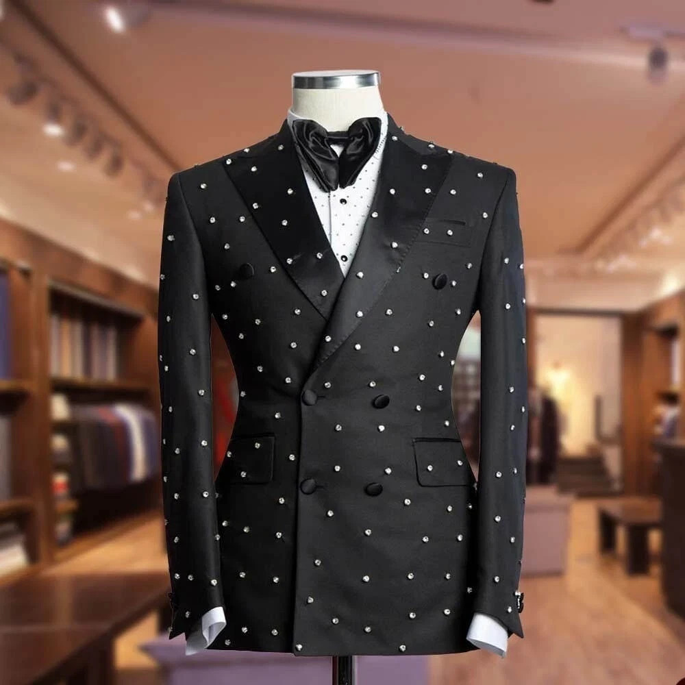 Men Black Beaded Suit Crystals Jacket Peak Lapel Double Breasted Party Wedding