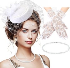 3 Pieces Fascinator Hat for Women Tea Party Derby with Veil Feather White