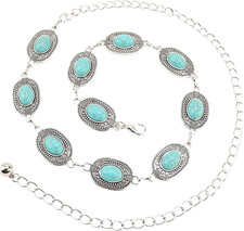 Women Turquoise Concho Chain Belt Western Cowgirl Waist Chain Oval Metal Link