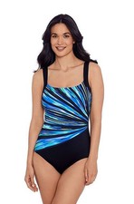 Great Lengths by Longitude Sz 12 Swimsuit Black w Blue & Aqua Diagonal Stripes